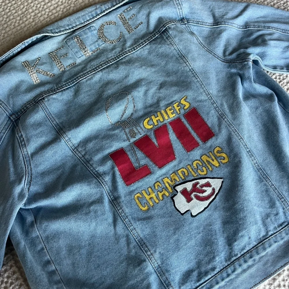 KANSAS CITY CHIEFS CUSTOM PAINTED & BEDAZZLED JEAN JACKET